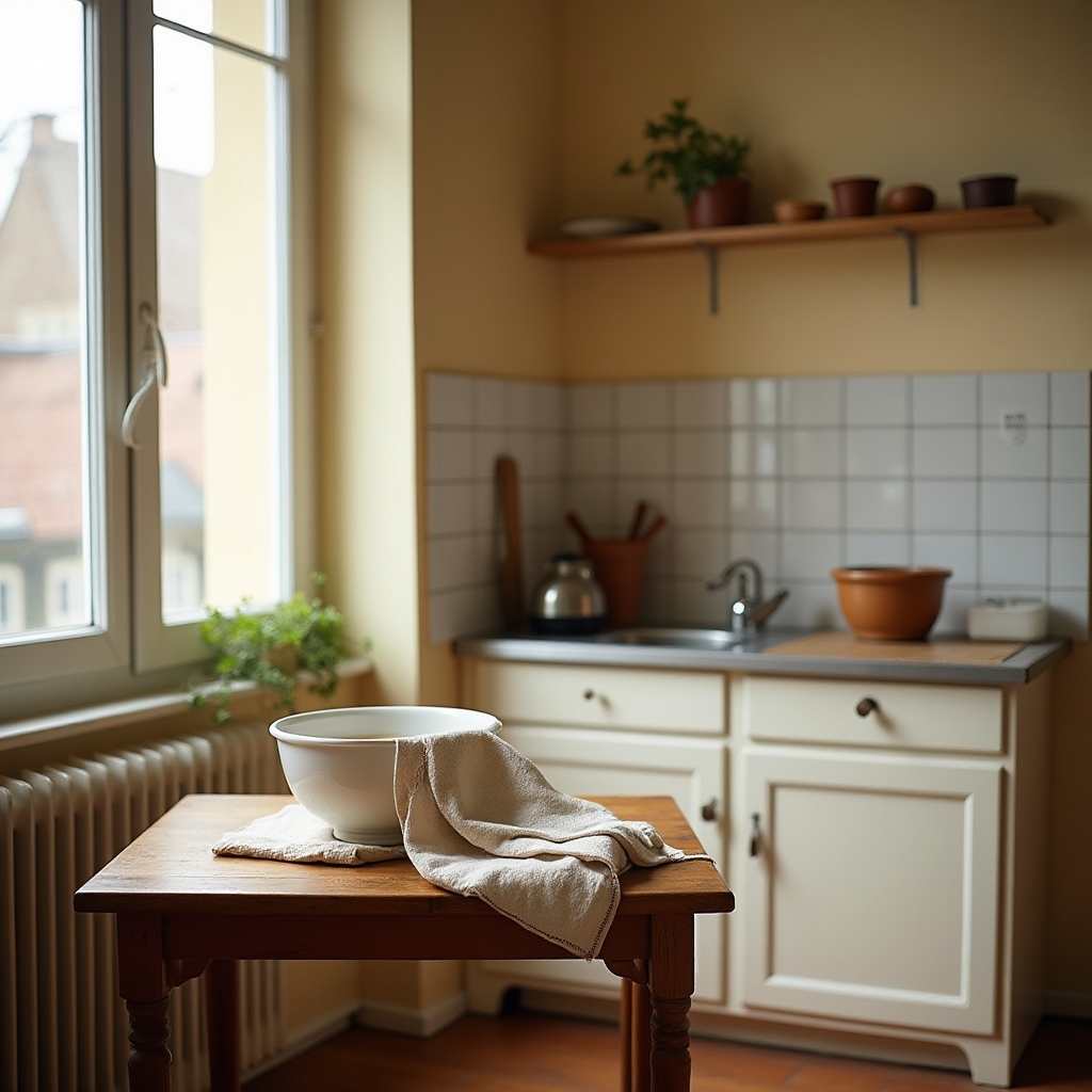 Gemütliche Altbauwohnungsküche mit Holzdielen und Bienenwachstuch auf dem Tisch