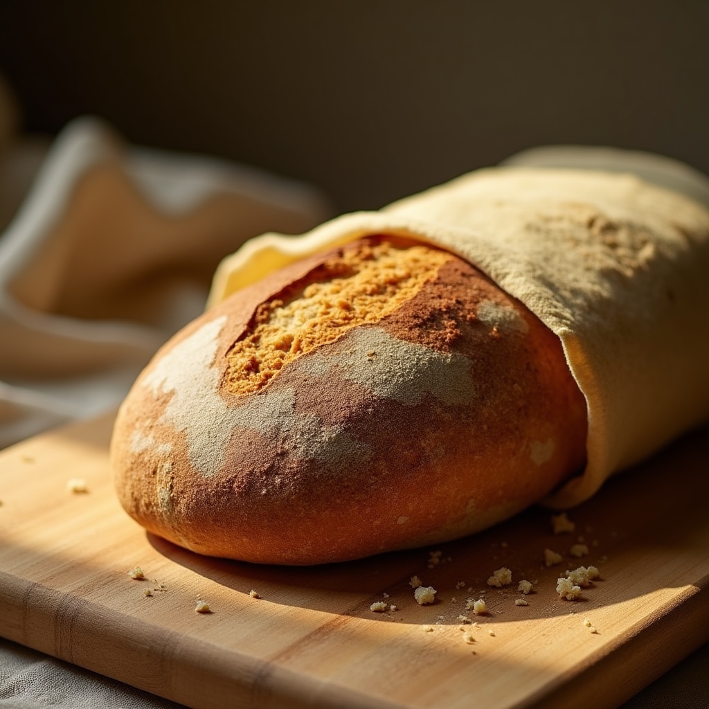 Frisches Brot in ein Bienenwachstuch eingewickelt, warmes Licht