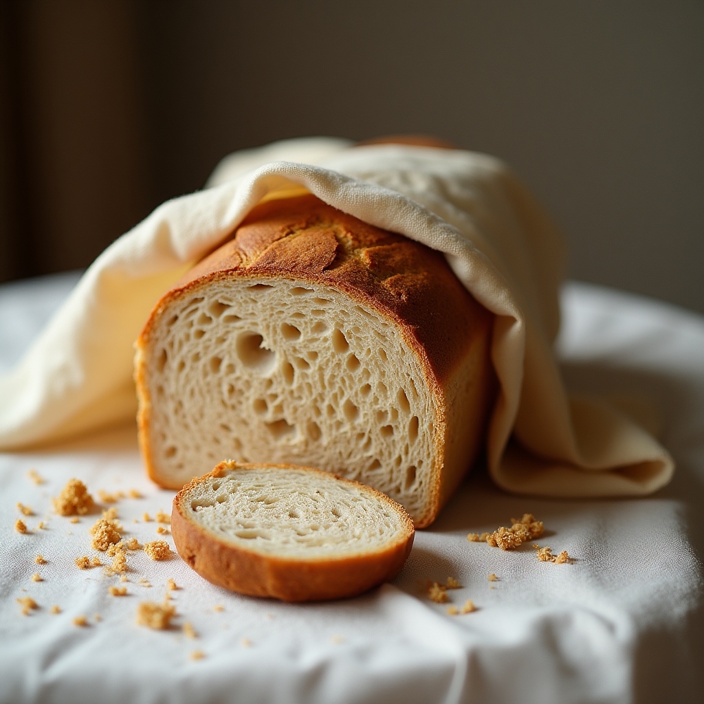 Halbiertes Brot in Bienenwachstuch gewickelt, Brotkrümel auf Holzunterlage