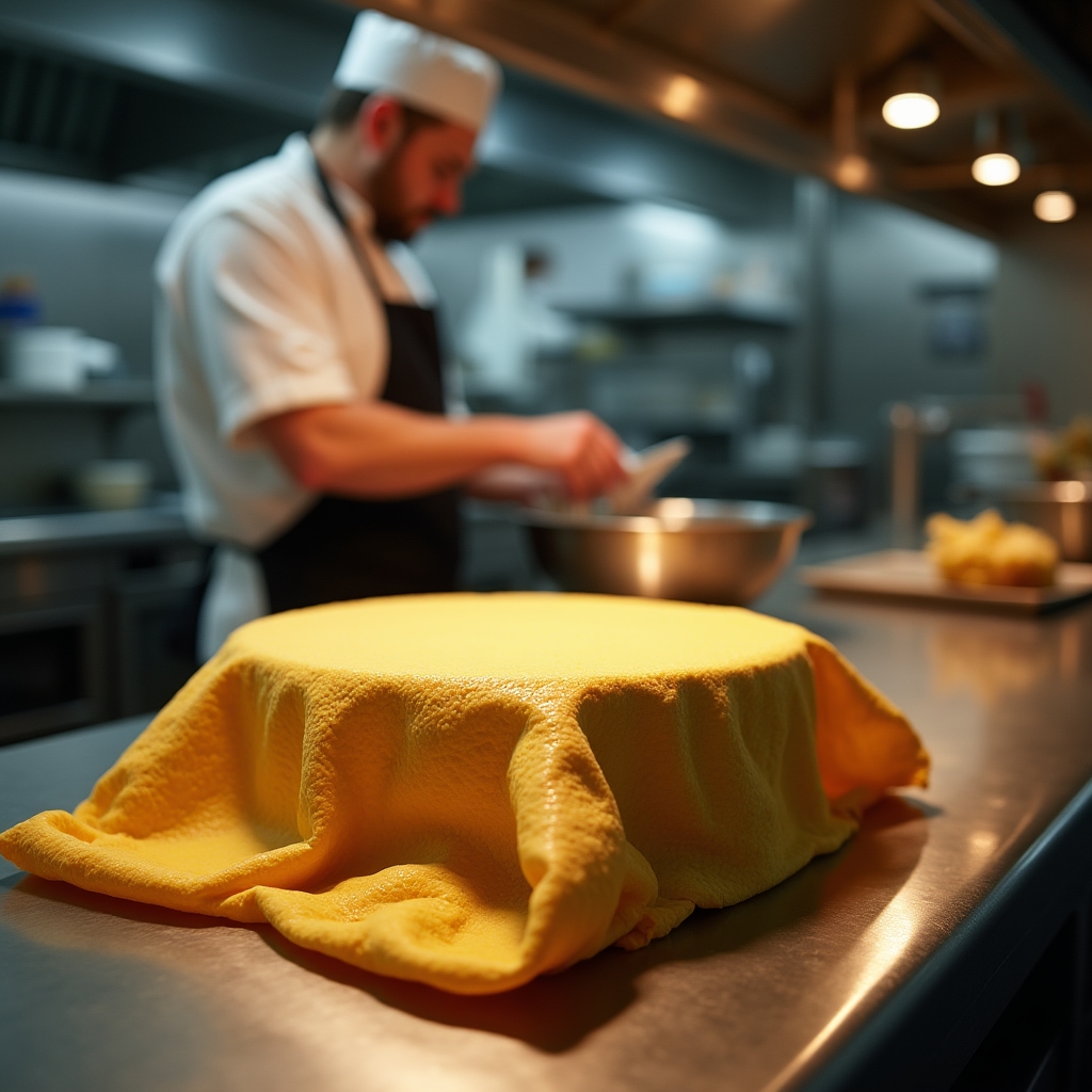 Restaurantküche mit Bienenwachstuch über Schüssel, professionelle Küchenumgebung