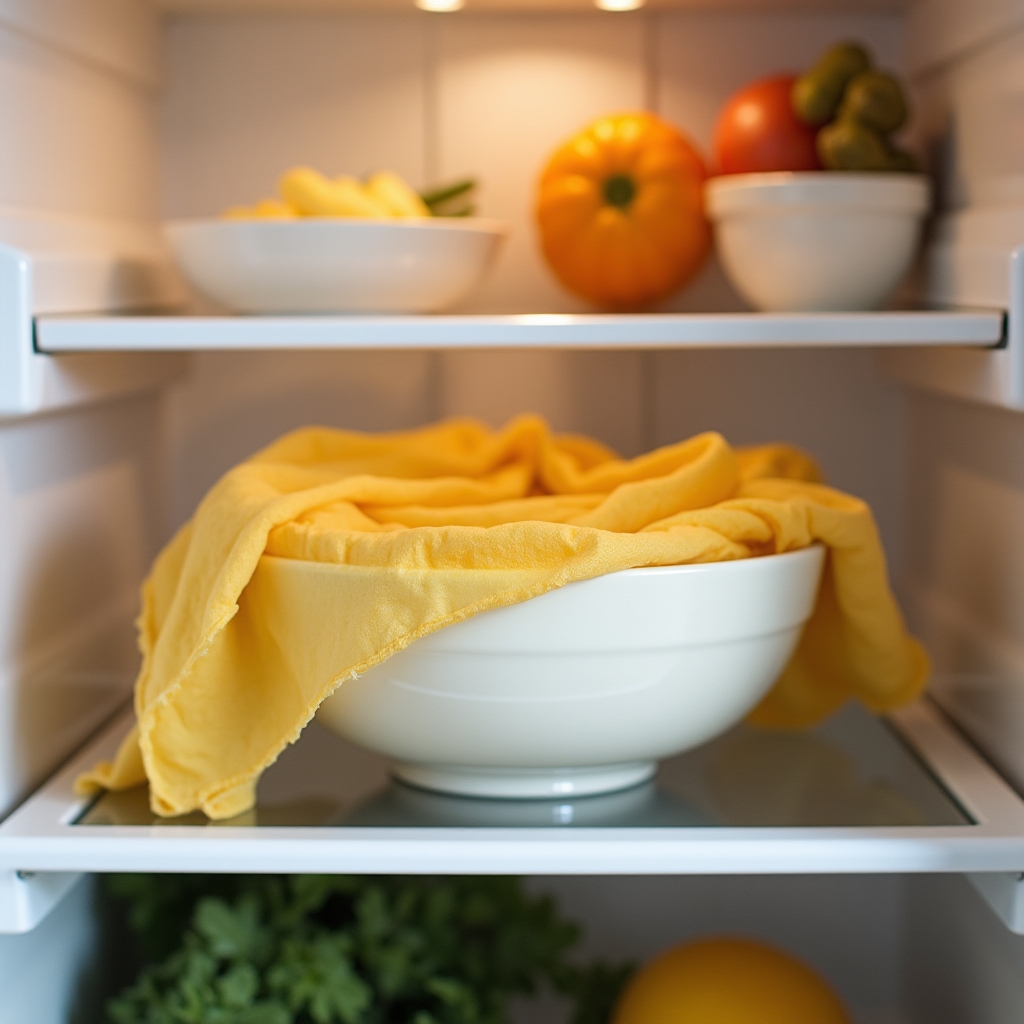 Keramikschüssel mit Bienenwachstuch als Abdeckung im Kühlschrank
